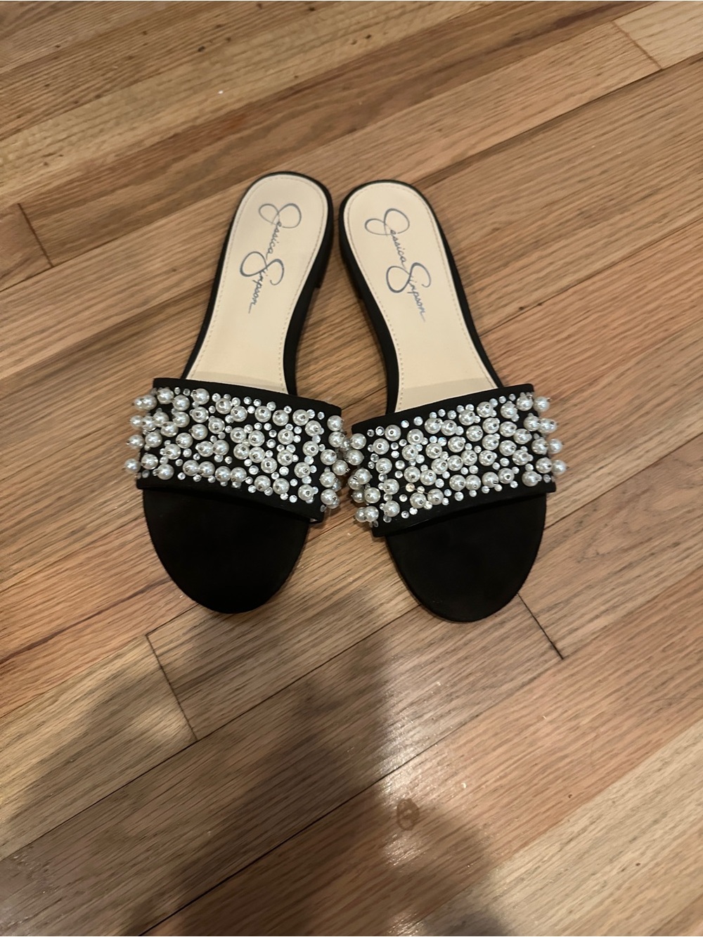 Jessica Simpson Black Pearl & Crystal Embellished Slide Mules 9 summer shoes - Picture 1 of 4